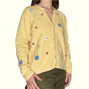 Talbots Yellow Floral Embroidered Long Sleeve Button Down Vintage Sweater Small